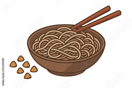 Japanese soba noodles in a bowl with chopsticks vector illustration. Traditional Asian cuisine with boiled buckwheat pasta. Healthy meal concept isolated on white background.