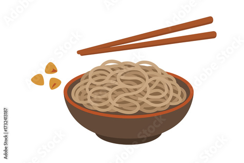 Japanese soba noodles in a bowl with chopsticks and buckwheat grains. Traditional Asian cuisine. Healthy meal, lunch, dinner concept. Vector illustration isolated on white.