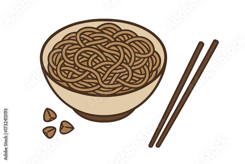 Japanese soba noodles in a bowl with chopsticks, isolated vector illustration. Boiled buckwheat pasta, traditional Asian cuisine for menu or restaurant design in flat style.