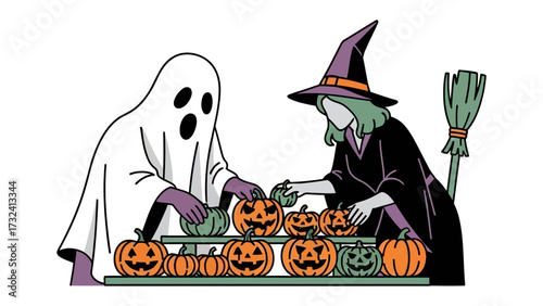 Halloween Haunt with Ghost and Witch: A spooky scene unfolds as a ghostly figure and a witch prepare for Halloween, surrounded by carved pumpkins, each bearing a unique, eerie expression.