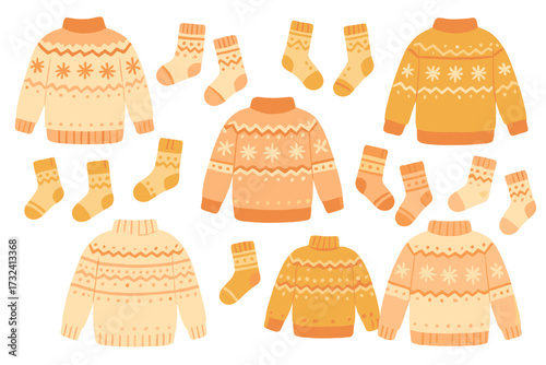 Warm winter autumn woolen sweaters and socks in Scandinavian style seamless pattern. Trendy flat design elements for winter clothes. Pastel ugly sweater with socks. Cozy knitwear.