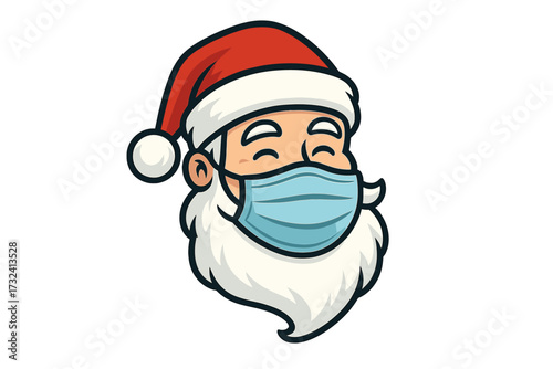 Santa Claus head in a medical face mask. Christmas during coronavirus pandemic. Safe Xmas holidays concept. Covid-19 protection symbol. Cute cartoon character vector logo design.