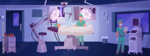 Surgery room interior vector flat illustration, patient under anesthesia on the operating table, surgeon and nurse