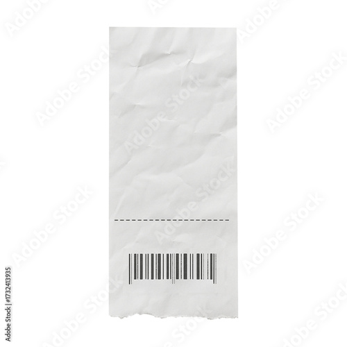 Crumpled receipt with dashed line and barcode on transparent background Keywords: receipt, crumpled, paper, white, dashed line isolated on a transparent background