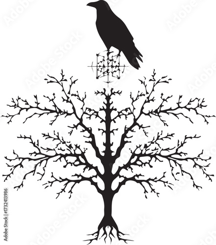 a simple black and white vector logo of an open tree with branches shaped like fractals. at the top, a crow is perched, holding in its beak two sacred geometry shapes