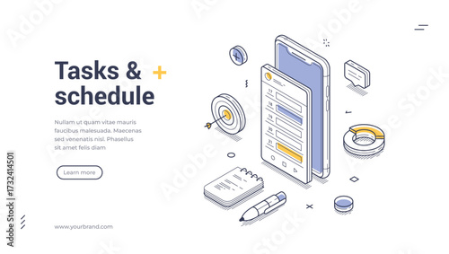 Tasks schedule time management planning isometric web banner design template line vector illustration. Business efficiency productivity deadline to do list control optimization organization mobile app
