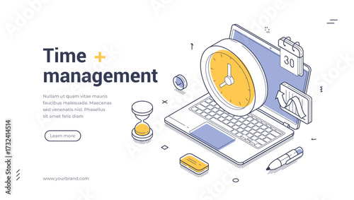 Time management deadline computer countdown isometric web banner design template line vector illustration. Business work planning productivity efficiency marketing organization optimization technology