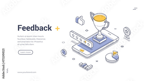 Feedback service retail rate evaluation isometric web banner design template line vector illustration. Customer satisfaction best choice award reward rating client support mobile app technology