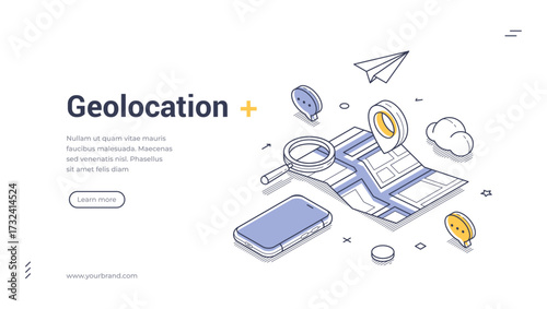 Geolocation map tracking GPS navigation mobile app isometric web banner design template line vector illustration. Global positioning system cartography navigate direction route pointer technology