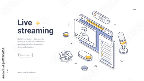Live streaming blog vlog video online broadcasting isometric web banner design template line vector illustration. Internet show e learning tutorial webinar social media network communication