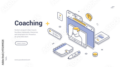 Coaching e learning remotely education isometric web banner design template line vector illustration. Webinar digital tutorial educational video internet content broadcasting studying technology