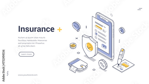 Insurance guarantee agreement mobile app isometric web banner design template line vector illustration. Safety protection contract secure warranty term and condition legal form smartphone application