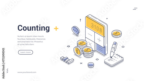 Counting money accounting financial management isometric web banner design template line vector illustration. Finance banking business calculating profit budget balance earnings expenses bookkeeping