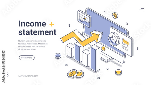 Income statement accounting financial analyzing isometric web banner design template line vector illustration. Business profit wealth analysis management control budget balance planning optimization