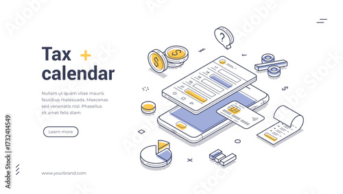 Tax calendar accounting payment mobile app isometric web banner design template line vector illustration. Annual government legal business paying bookkeeping analyzing smartphone application