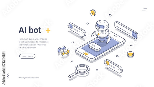 AI bot chatbot help assistance mobile app isometric web banner design template line vector illustration. Artificial intelligence robotic consulting search information smartphone application technology
