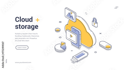 Cloud storage mobile app personal information isometric web banner design template line vector illustration. Computing technology cyberspace connection archive database backup digital software