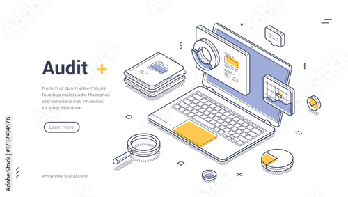 Audit financial accounting management isometric web banner design template line vector illustration. Business finance bookkeeping earnings expenses control budget balance profit laptop analyzing