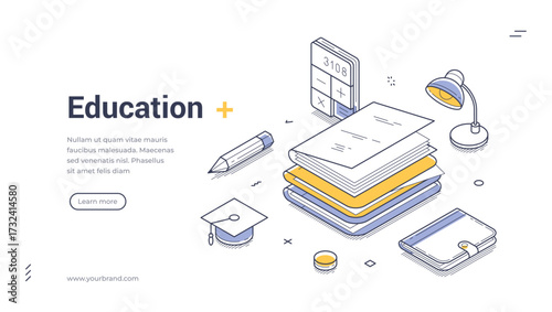 Education back to school learning graduation isometric web banner design template line vector illustration. Studying literature knowledge wisdom college university training class lesson tutorial