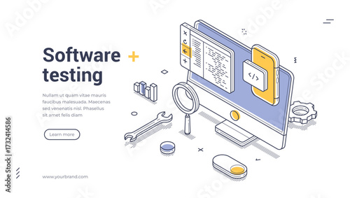 Software testing coding programming isometric web banner design template line vector illustration. Computer program code development datum automation engineering information technology optimization