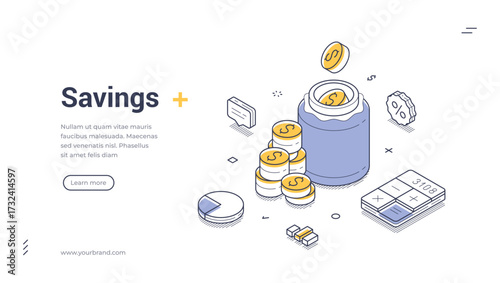 Savings financial investment piggy bank isometric web banner design template line vector illustration. Finance banking safety storage money box budget currency earnings profit wealth cash income fund