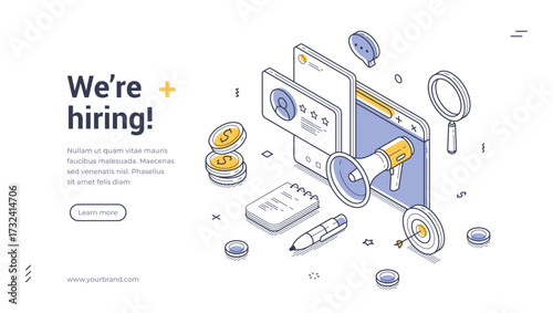 We are hiring HR vacancy internet promotion isometric web banner design template line vector illustration. Job recruitment headhunting human resources candidate searching online advertising