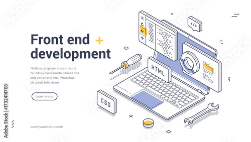 Front end development software coding programming isometric web banner design template line vector illustration. Computer program languages digital engineering construct information technology