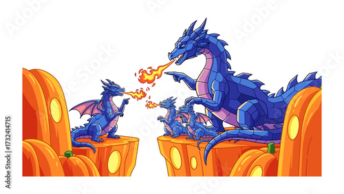Dragon Family Amidst Pumpkin Landscape: A vibrant cartoon depicts a family of majestic dragons amidst a whimsical pumpkin-laden landscape, showcasing the fantastical charm of mythical creatures.