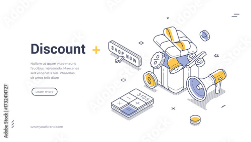 Online shopping sale discount Black Friday isometric web banner design template line vector illustration. Internet marketplace cost reduction special offer loyalty program gift shop store campaign
