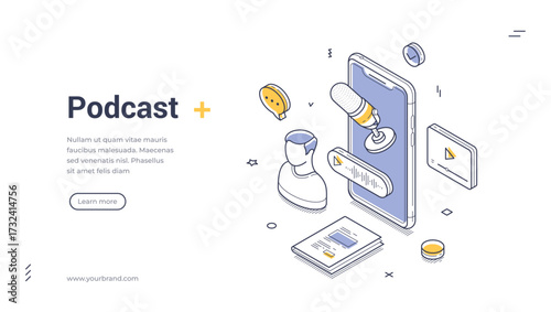 Podcast internet live show multimedia interview isometric web banner design template line vector illustration. Online audio broadcast music record event entertainment media content mobile app