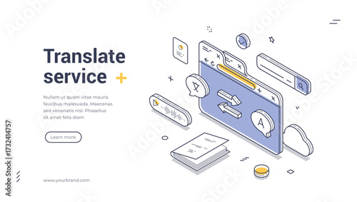 Translate language internet dictionary service isometric web banner design template line vector illustration. Multilingual vocabulary education communication international speak online studying