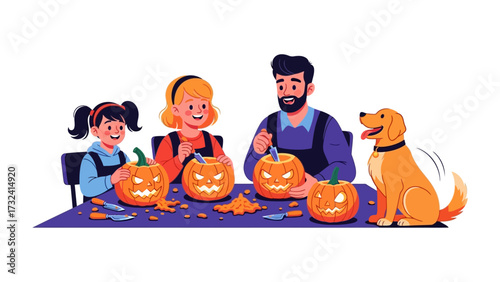 Halloween Pumpkin Carving Family: A family and pet dog carving festive Halloween pumpkins at table, capturing a moment of seasonal creativity and familial bonding.