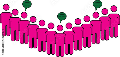 Group discussion icon showing people standing in line with speech bubbles representing teamwork, debate, communication with transparent background