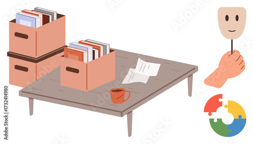 Document boxes and coffee cup on office table, hand holding mask symbolizing identity, puzzle chart promoting teamwork, concepts of identity, organization, analysis, collaboration, communication