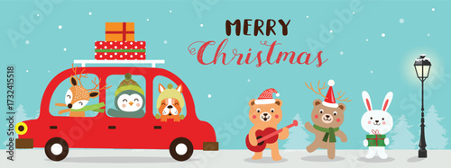 Merry Christmas design template. A group of cute cartoon celebrating Christmas.
Vector illustration.
