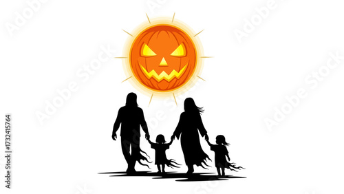 Spooky Halloween Family Silhouette: A heartwarming silhouette captures a family strolling beneath an ominous, grinning jack-o'-lantern sun, evoking the spirit of Halloween.