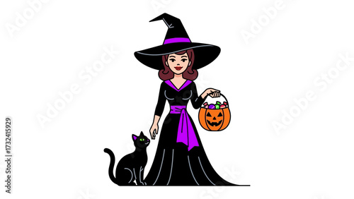 Halloween Witch Silhouette: A stylized illustration of a glamorous witch, wearing a wide-brimmed hat and holding a Jack-o'-lantern bag, accompanied by her black cat, set against a clean backdrop.