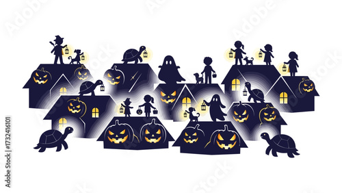 Halloween Night Scene: Adorable silhouettes of children and pets navigating through the spooky night, with creatively lit jack-o'-lanterns adorning the rooftops and setting a festive atmosphere. 