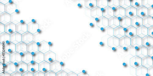 Abstract white background with blue hexagons seamless pattern and geometric in vector design. Futuristic blue neon honeycombs. Modern technology design .Minimal style website banner, decoration .