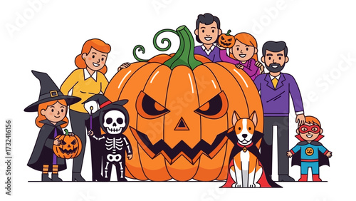 Spooky Family Halloween Portrait: A cheerful family and their dog pose in front of a giant, grinning jack-o'-lantern, all dressed in playful Halloween costumes.