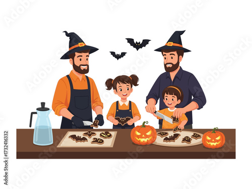 Halloween Crafting: In this enchanting illustration, a family immerses themselves in the Halloween spirit.