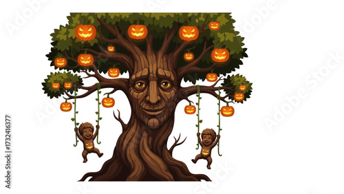 Spooky Tree with Jack-o'-Lanterns and Swinging Figures: A whimsical, anthropomorphic tree adorned with glowing jack-o'-lanterns, featuring a carved face and two playful.