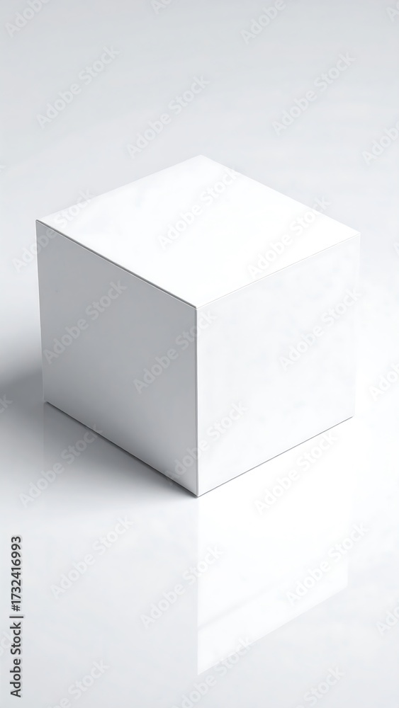 Fototapeta premium Blank white cube on a reflective surface