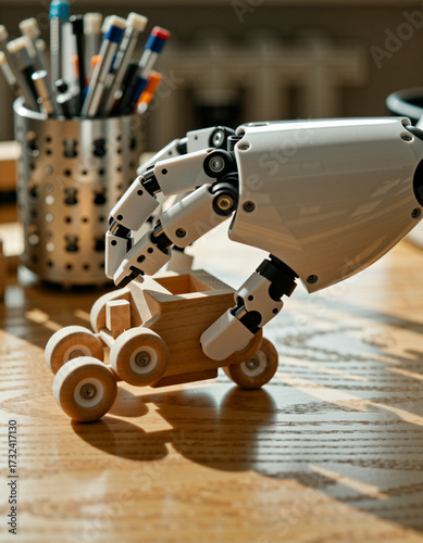 Robotic hand assembling a small wooden toy car