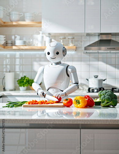 Service robot cutting vegetables on a counter in a modern white kitchen