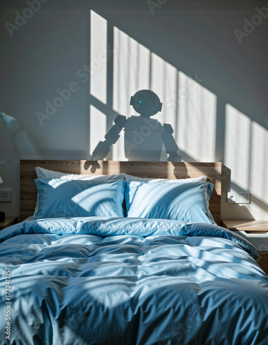 Robot shadow cast on bedroom wall above a bed with blue bedding