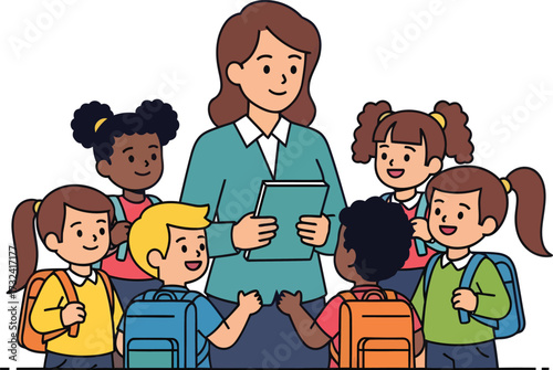Vector art of a teacher is surrounded by a diverse group of young students, all wearing backpacks and looking engaged