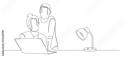 continuous line art of a mother teaching her child how to use a laptop