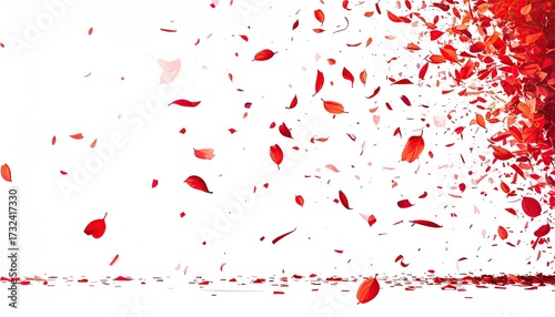 A digital illustration of red petals exploding and falling against a white background. The density of petals is highest on the right, creating a sense of movement and energy