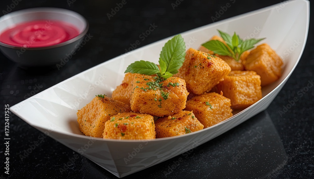 Fototapeta premium Savory potato croquettes with vibrant herbs and dipping sauce, perfect for restaurant menus, food blogs, and culinary promotions that crave authentic flavor